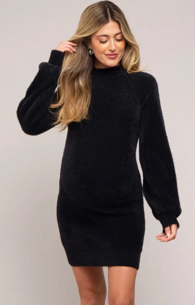 Black Fuzzy Knit Puff Sleeve Maternity Sweater Dress