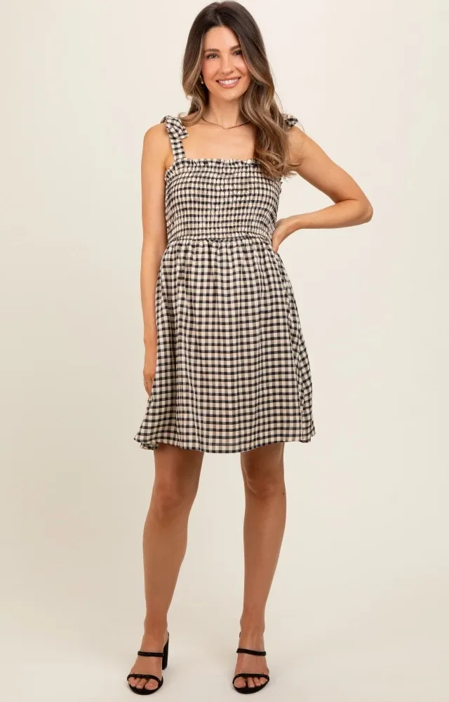 Black Gingham Shoulder Tie Maternity Dress