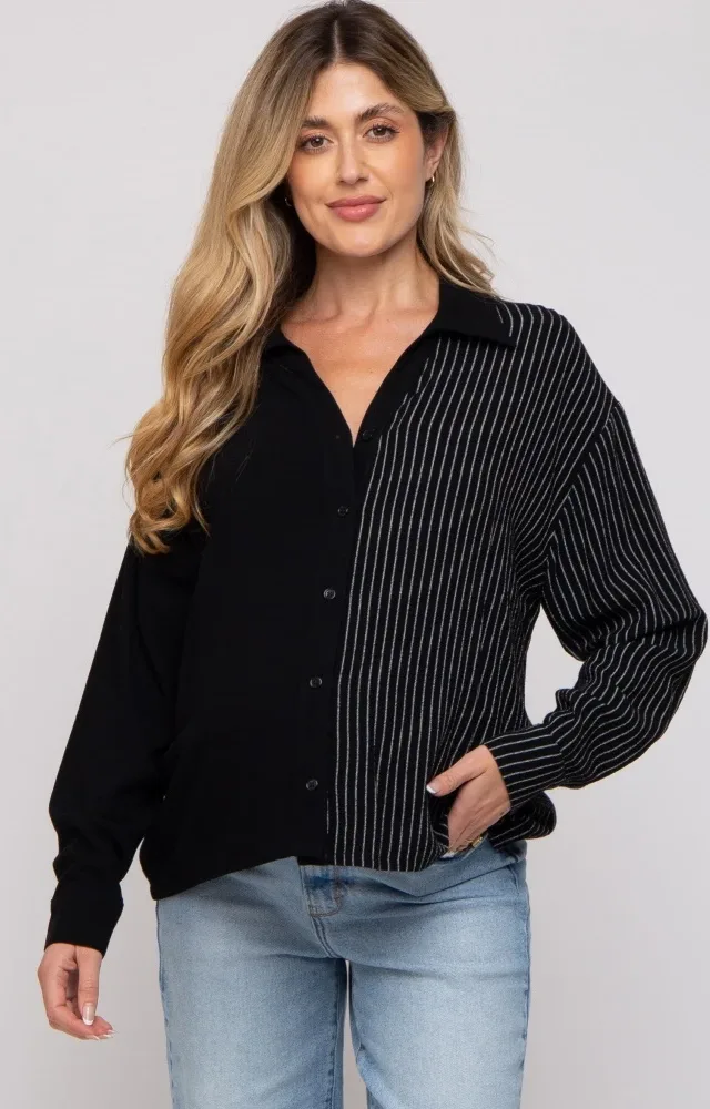 Black Half Stripe Button Down Maternity Top