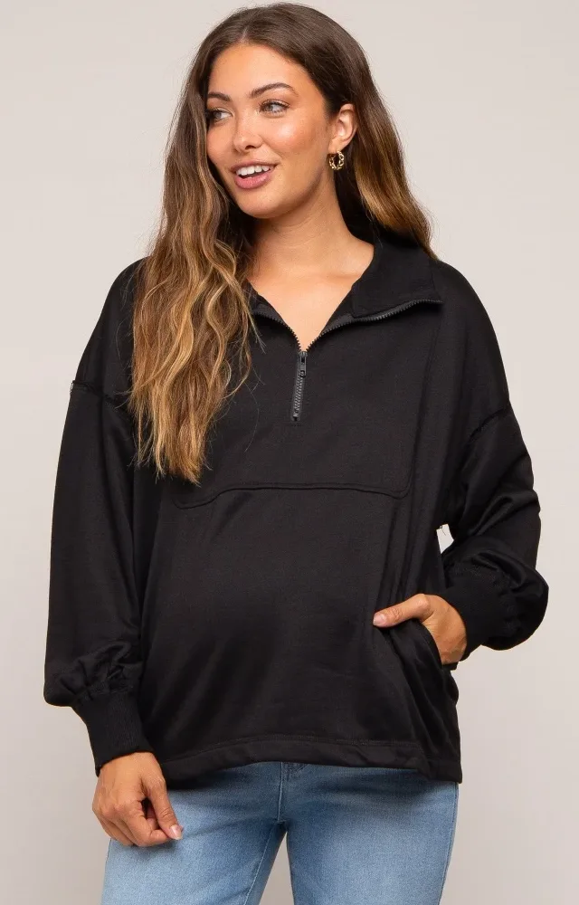 Black Half Zip Maternity Pullover Top