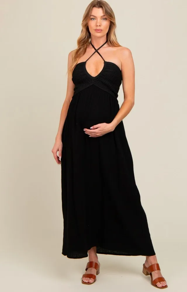 Black Halter Crochet Top Maternity Maxi Dress