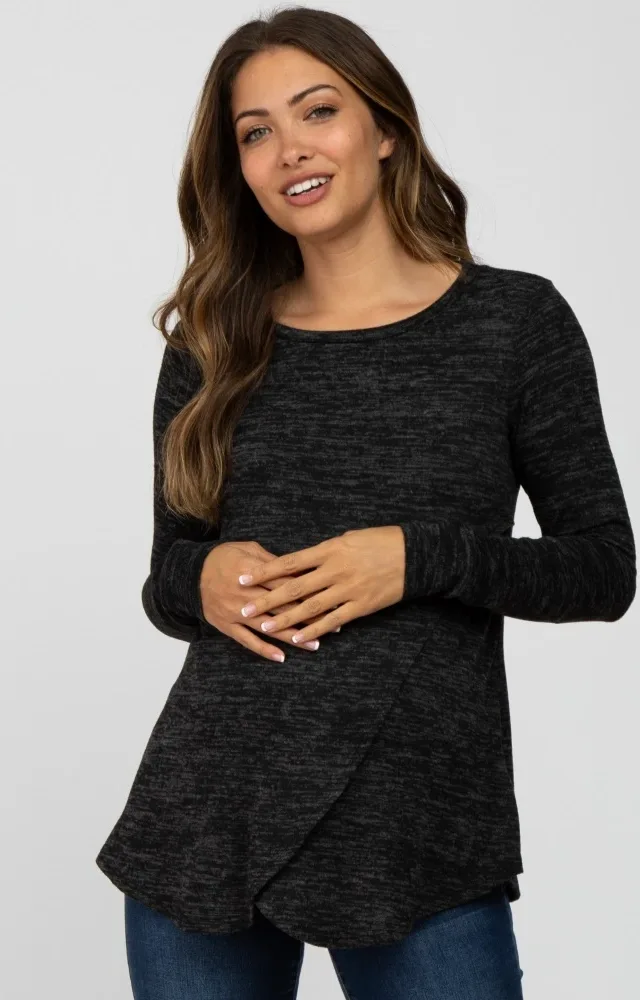 Black Heather Knit Layered Front Maternity/Nursing Top