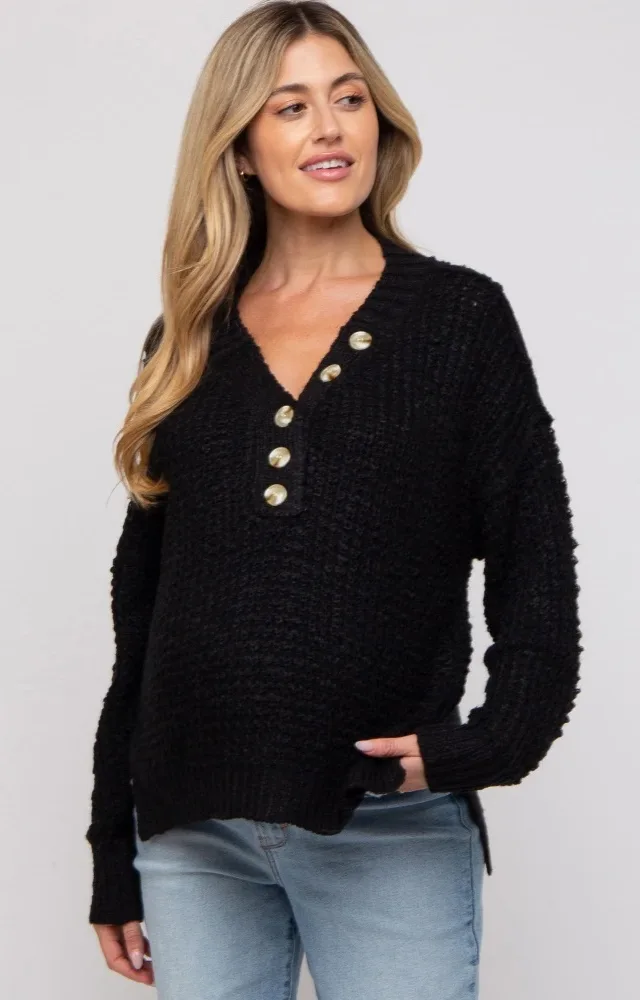 Black Henley Side Slit Maternity Sweater