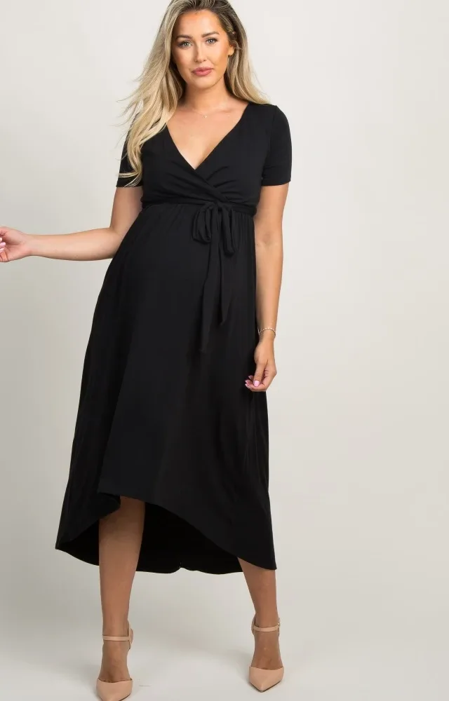 Black Hi-Low Maternity Wrap Dress