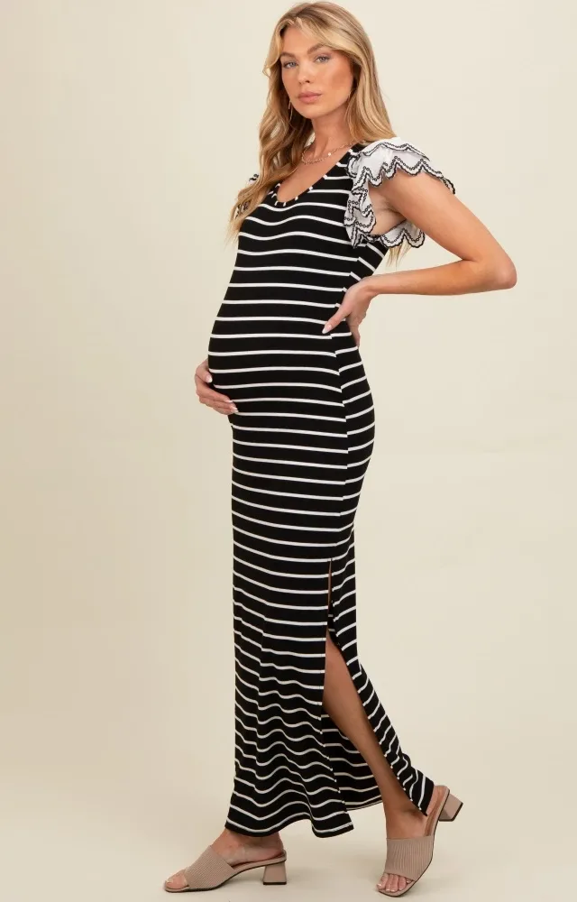 Black Ivory Striped Maternity Maxi Dress With Scoop Neck