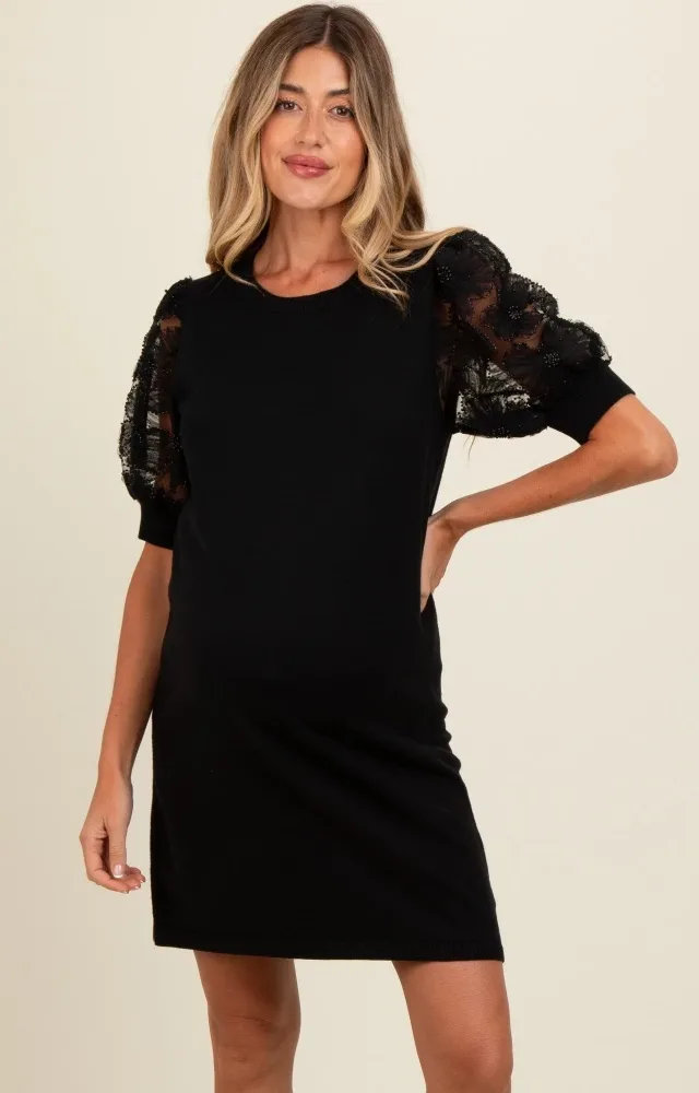 Black Knit Beaded Floral Mesh Sleeve Maternity Mini Dress