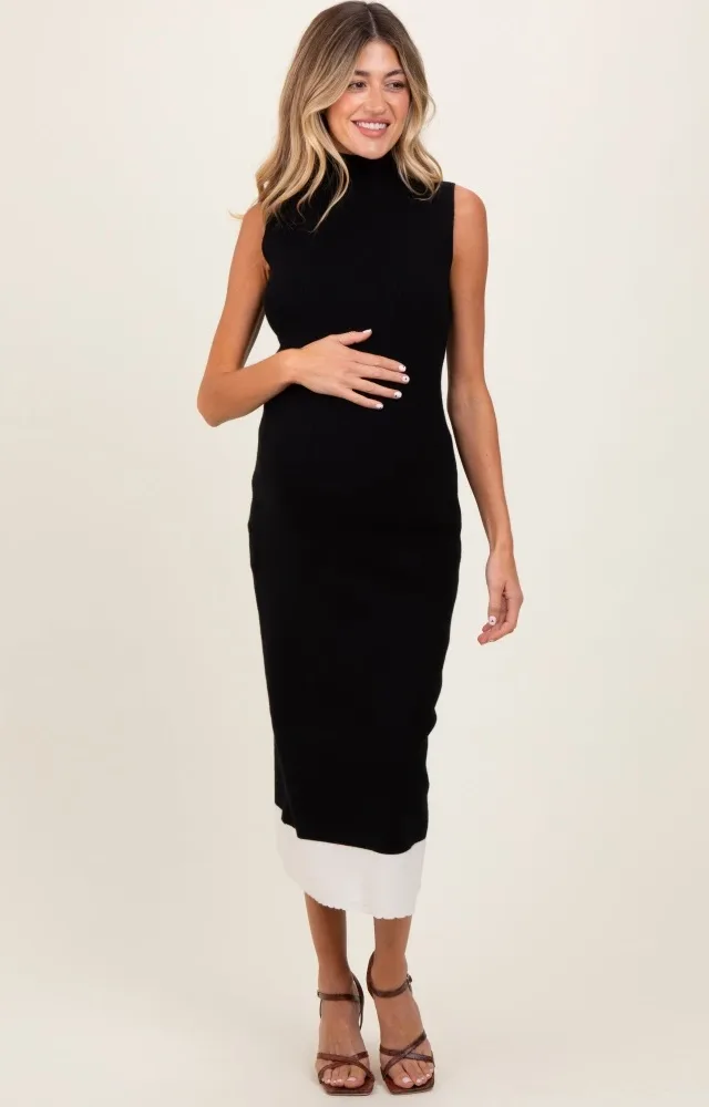 Black Knit Contrast Hem Mock Neck Sleeveless Maternity Midi Dress