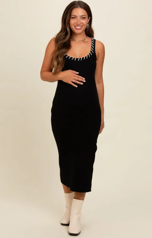 Black Knit Contrast Stitch Detail Maternity Midi Dress