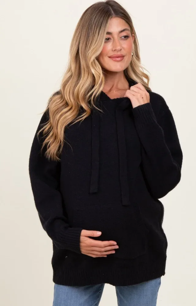 Black Knit Front Pocket Hooded Maternity Sweater