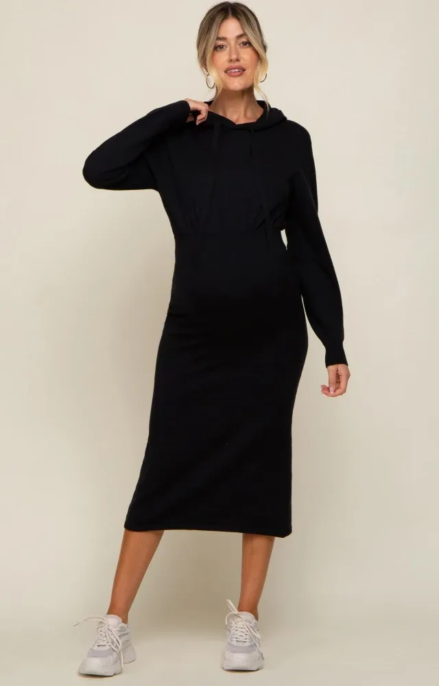 Black Knit Hooded Long Sleeve Maternity Dress