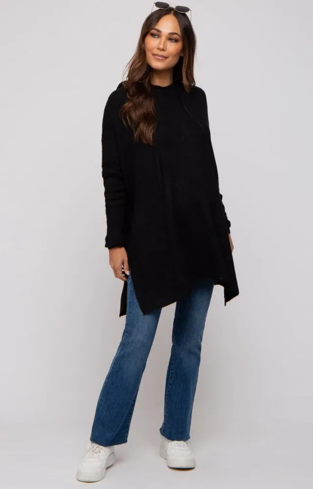 Black Knit Hooded Side Slit Maternity Sweater