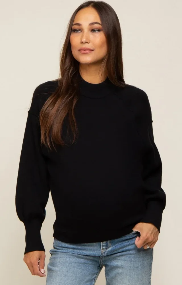 Black Knit Long Sleeve Mock Neck Maternity Top