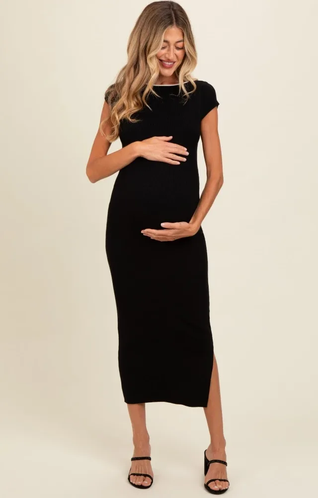 Black Knit Low Back Side Slit Maternity Dress