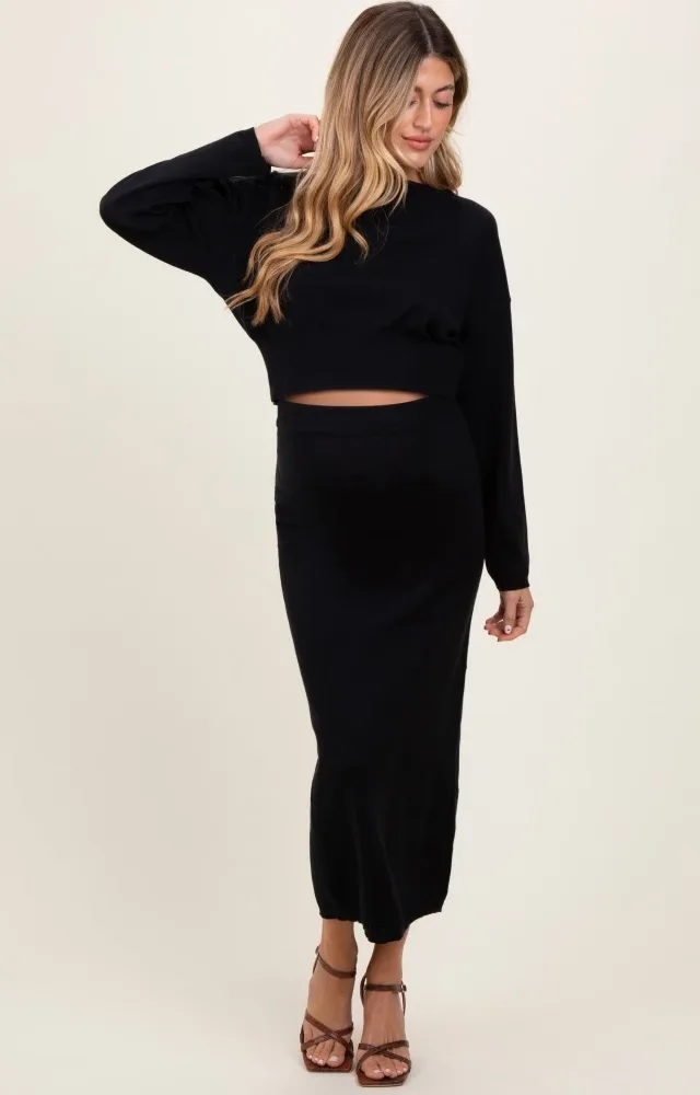 Black Knit Midi Skirt Sweater Maternity Set