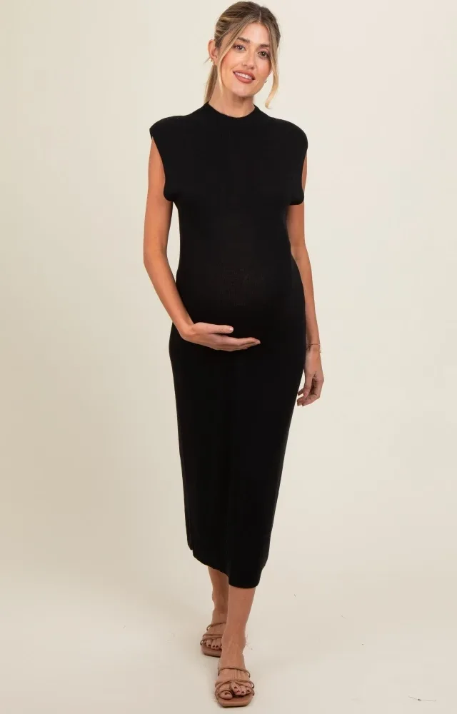 Black Knit Mock Neck Maternity Midi Dress