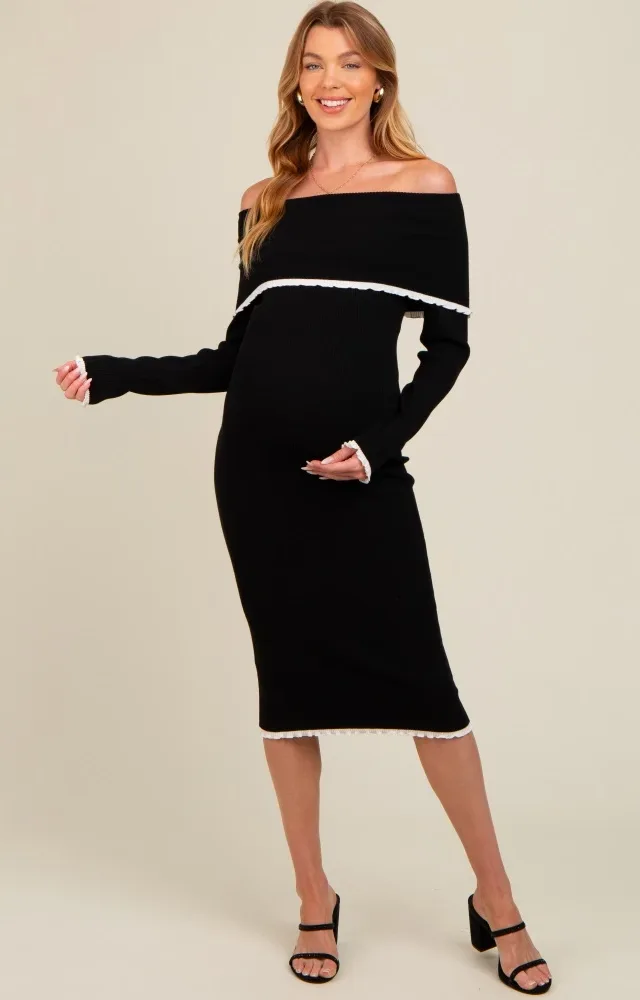 Black Knit Off Shoulder Contrast Ruffle Trim Maternity Dress