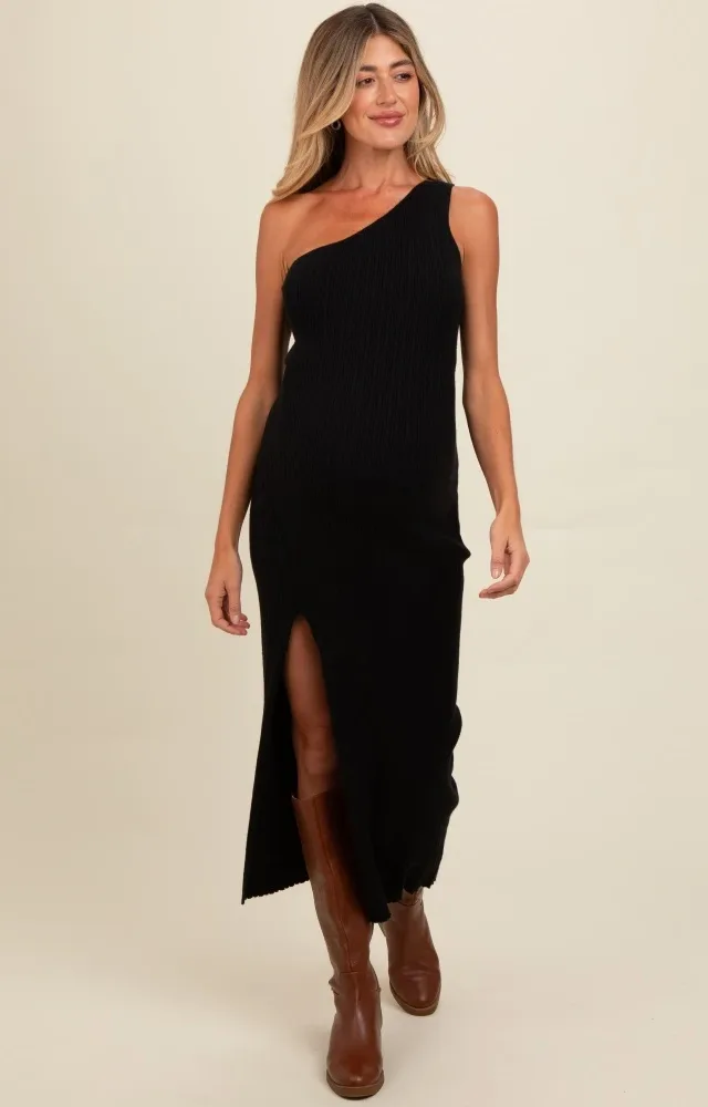 Black Knit One Shoulder Side Slit Maternity Maxi Dress