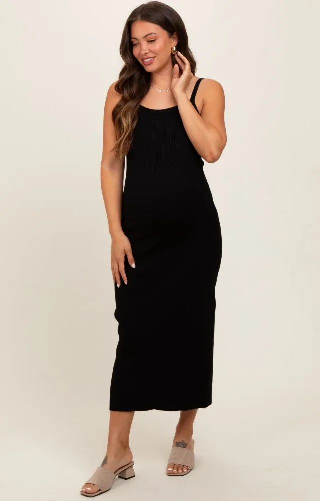 Black Knit Open Tie Back Maternity Midi Dress