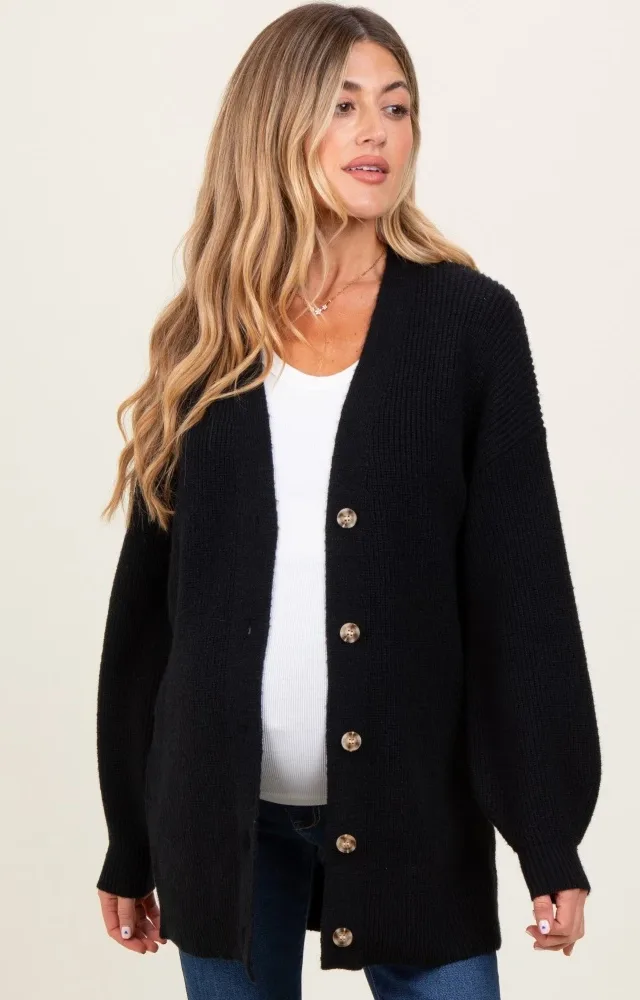 Black Knit Oversized Button Down V-Neck Maternity Cardigan