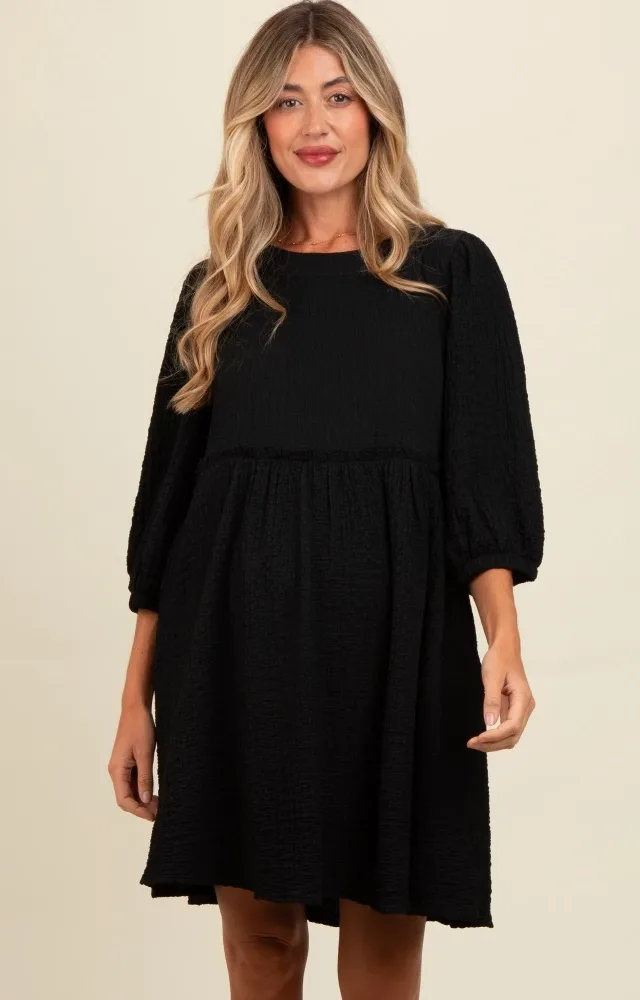 Black Knit Ruffle Trim Maternity Dress