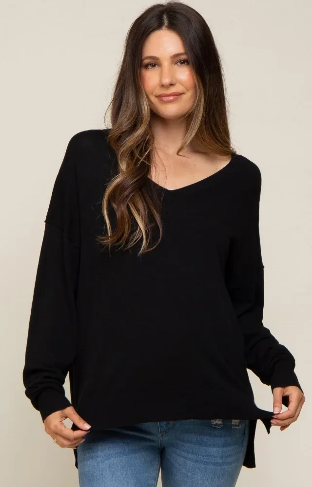 Black Knit V-Neck Long Sleeve Maternity Top