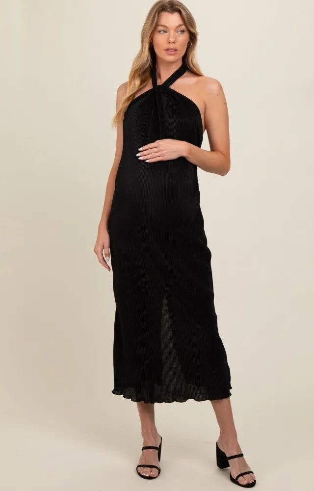 Black Knot Front Plisse Halter Maternity Midi Dress