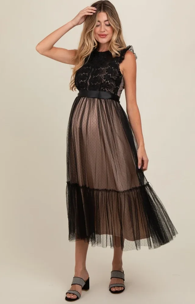 Black Lace Contrast Tulle Maternity Maxi Dress