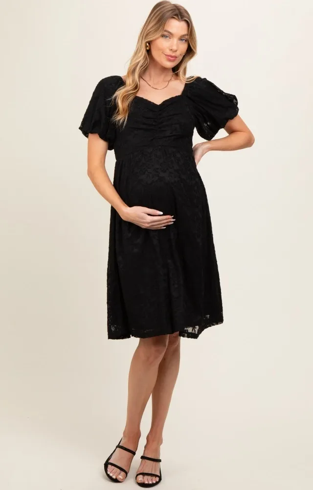 Black Lace Puff Sleeve Maternity Dress