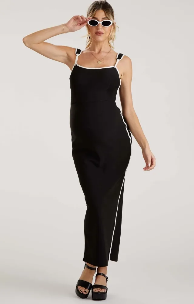 Black Leather Trim Back Slit Maternity Maxi Dress