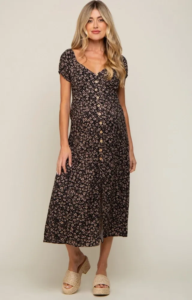 Black Leopard Button Front Maternity Midi Dress