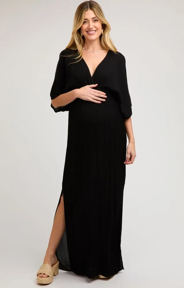 Black Lightweight Deep V-Neck Maternity Maxi Dress