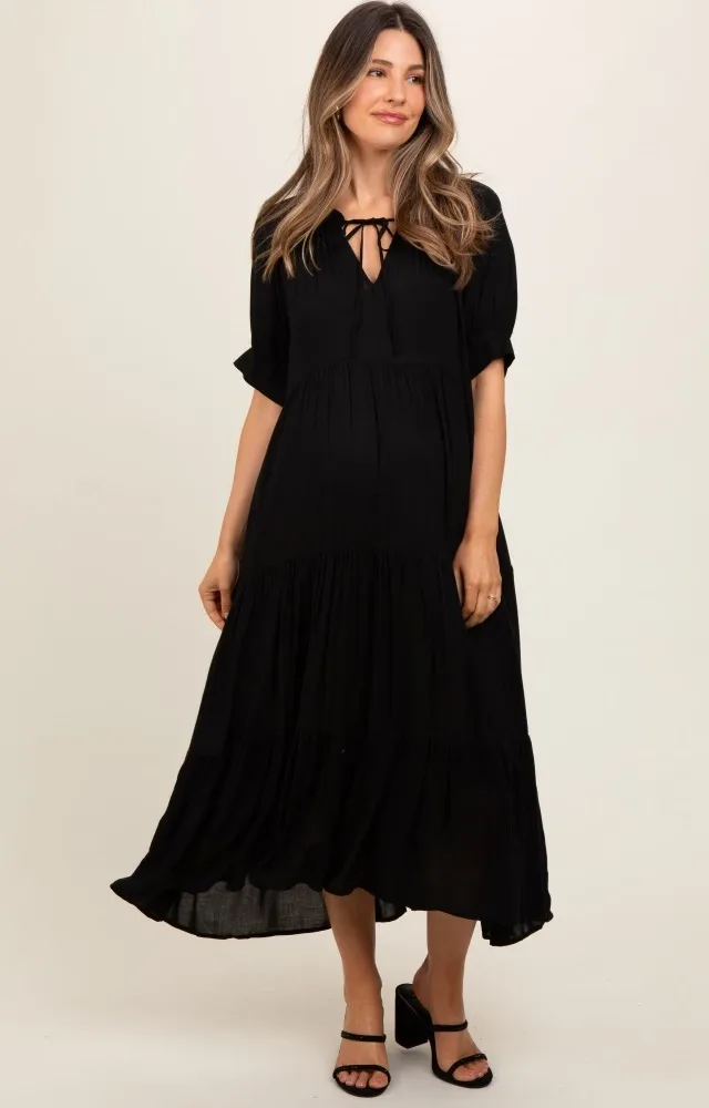 Black Lightweight Flowy Tiered Maternity Maxi Dress