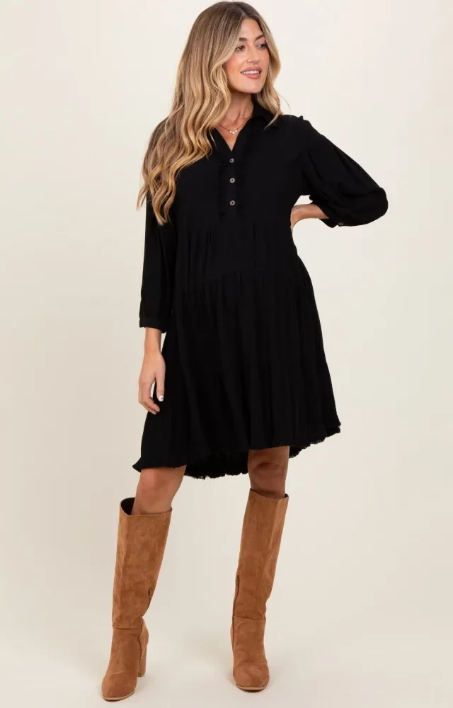 Black Linen Button Up Tiered Maternity Dress