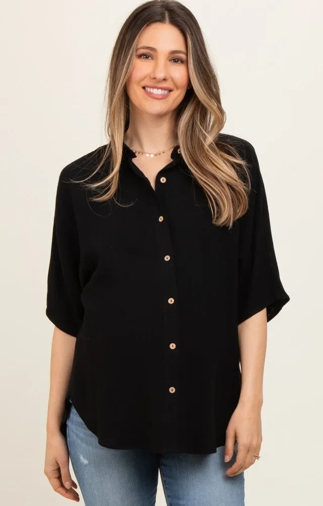 Black Linen Dolman Half Sleeve Button Down Maternity Top