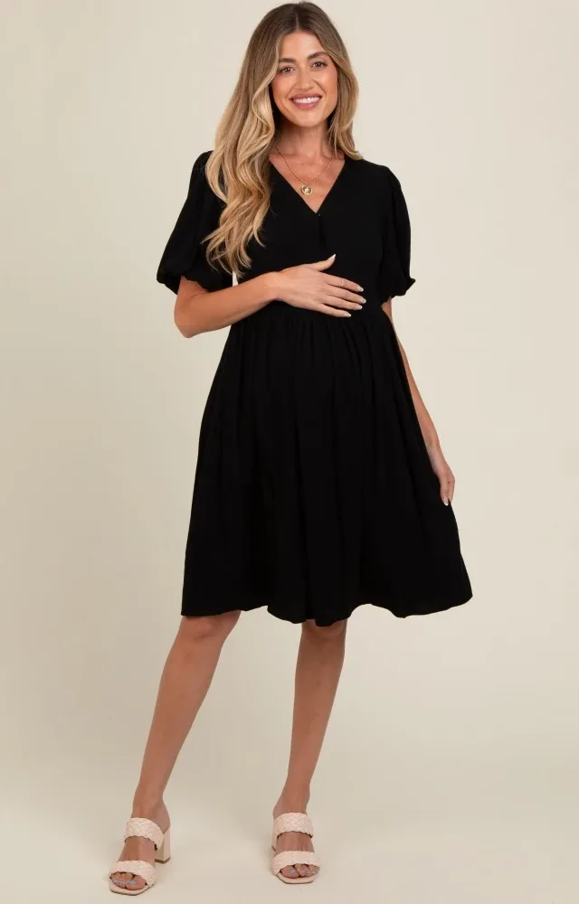 Black Linen Puff Sleeve Maternity Dress