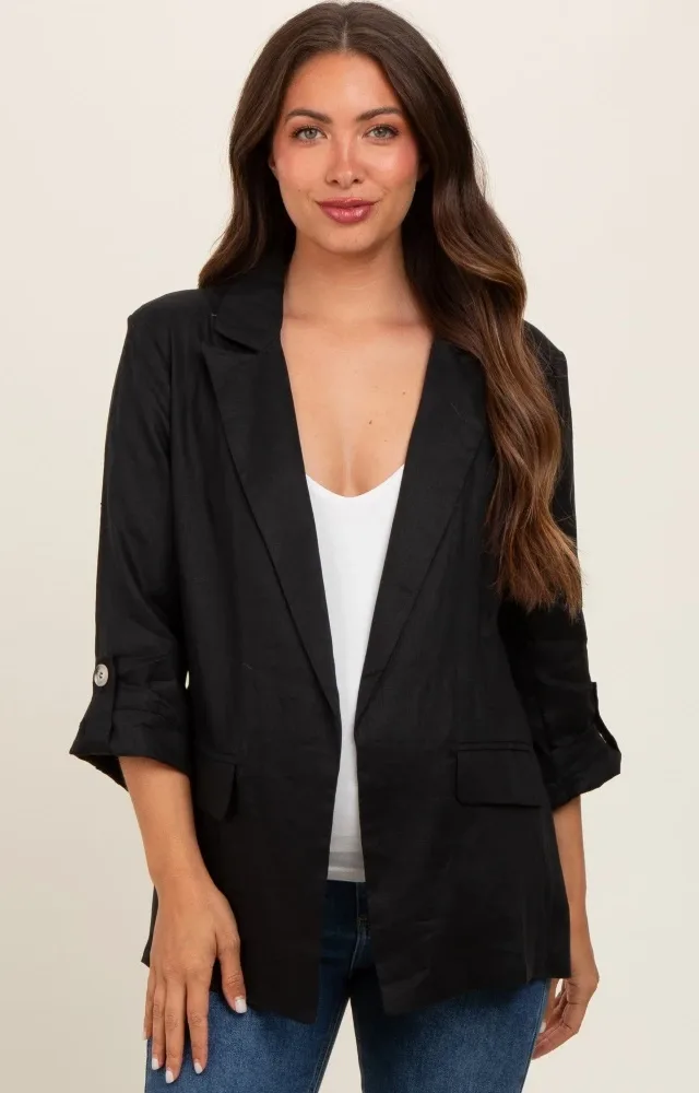 Black Linen Rolled Cuff Maternity Blazer