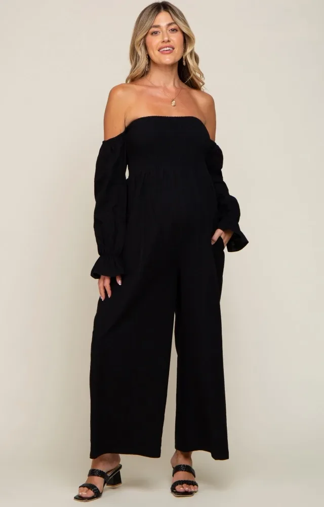 Black Linen Smocked Off Shoulder Wide Leg Maternity Jumpsuit