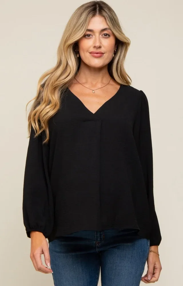 Black Long Puff Sleeve Maternity Blouse Top