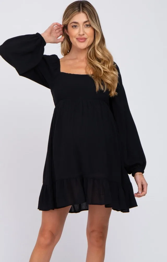 Black Long Sleeve Square Neck Maternity Dress