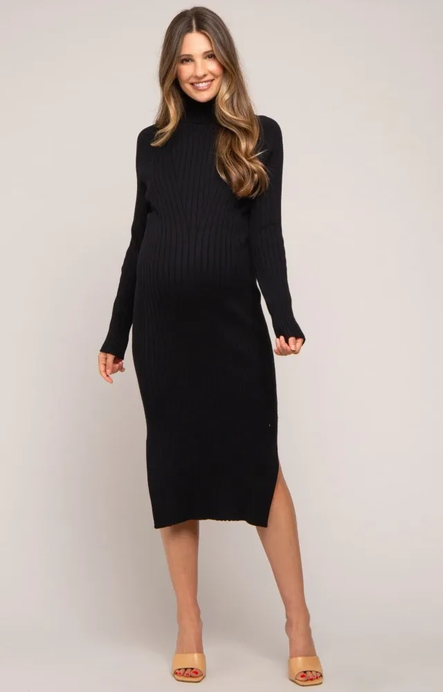 Black Long Sleeve Turtleneck Maternity Sweater Dress