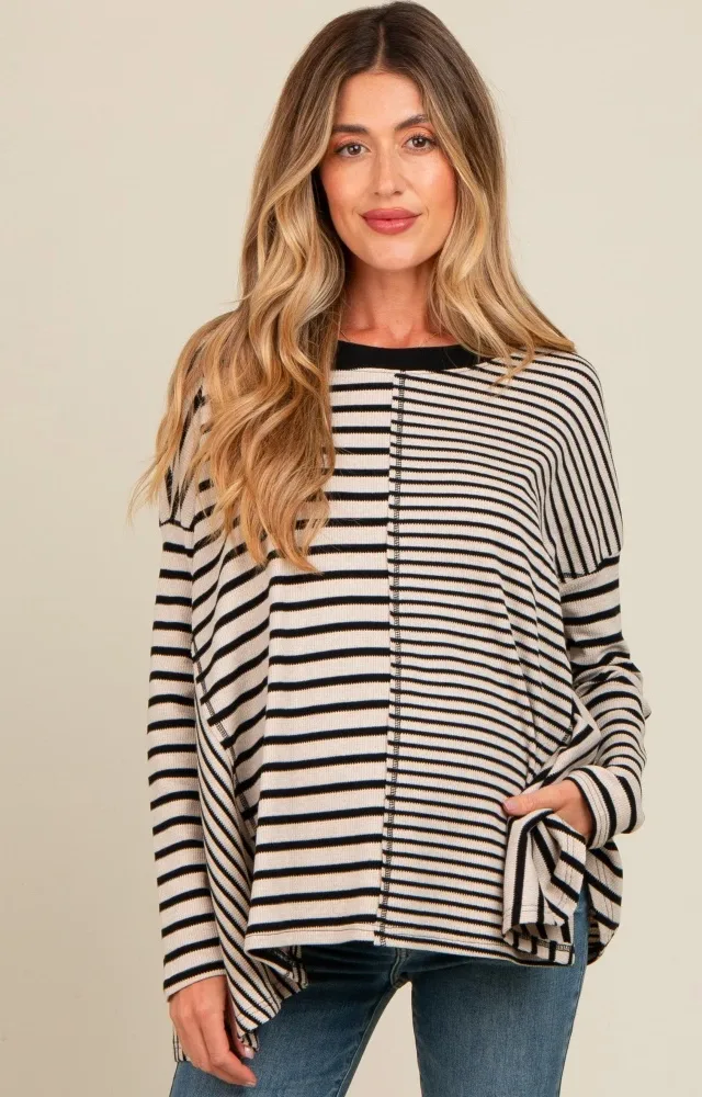 Black Mixed Stripe Trapeze Maternity Top