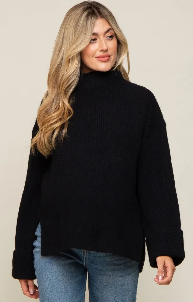 Black Mock Neck Chunky Knit Maternity Sweater