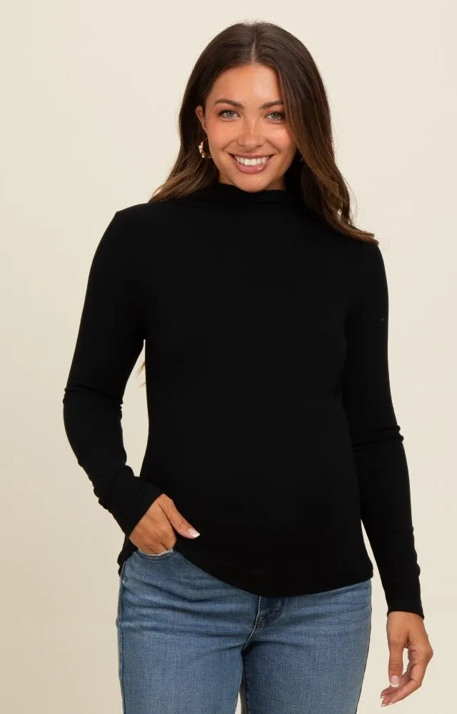 Black Mock Neck Maternity Long Sleeve Top