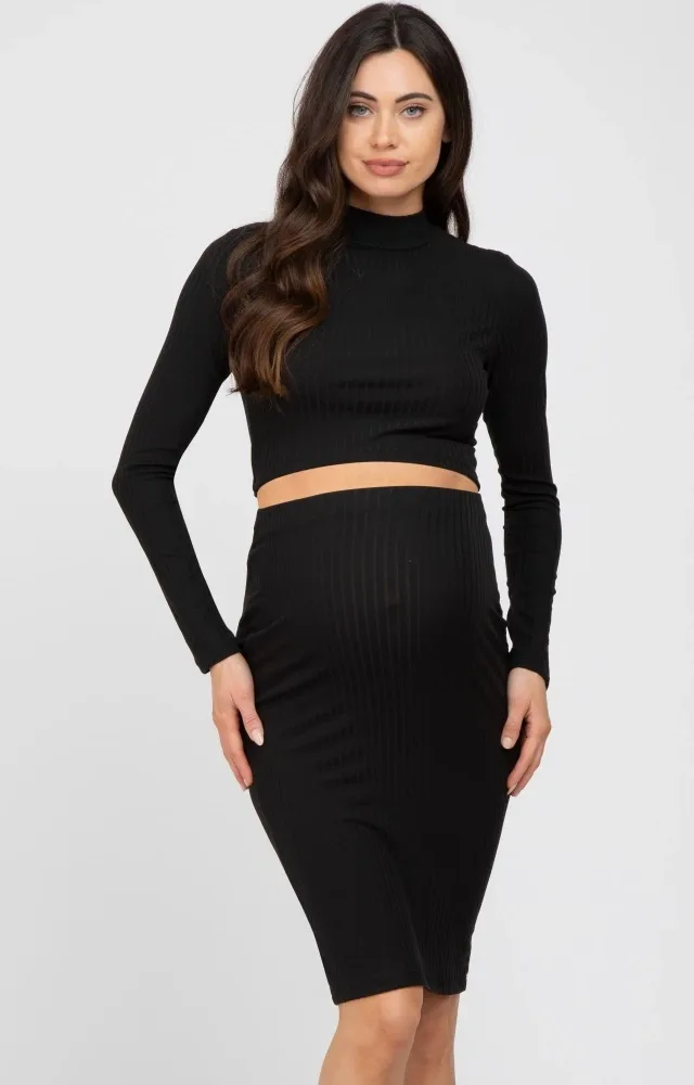 Black Mock Neck Top Skirt Maternity Set