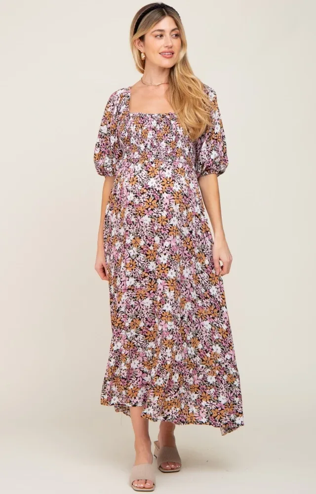 Black Multi-Color Floral Maternity Maxi Dress