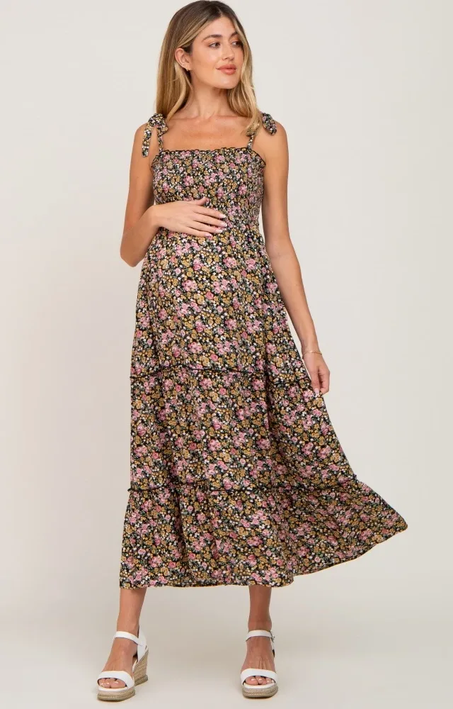 Black Multi-Color Floral Maternity Maxi Dress