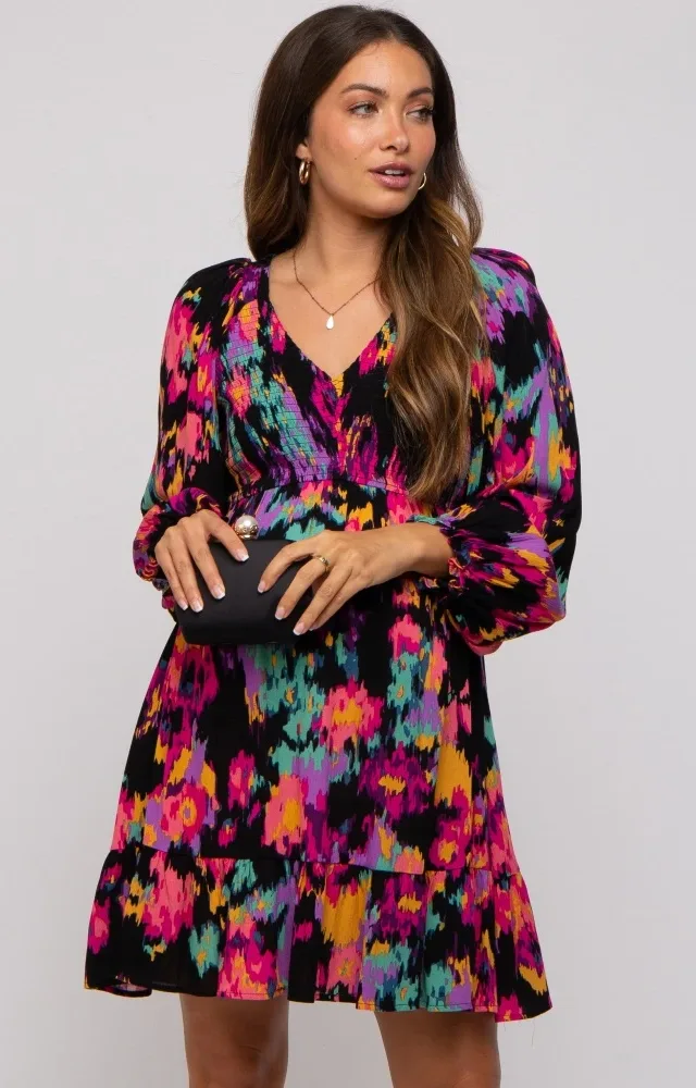 Black Multicolor Maternity Long Sleeve Maternity Dress