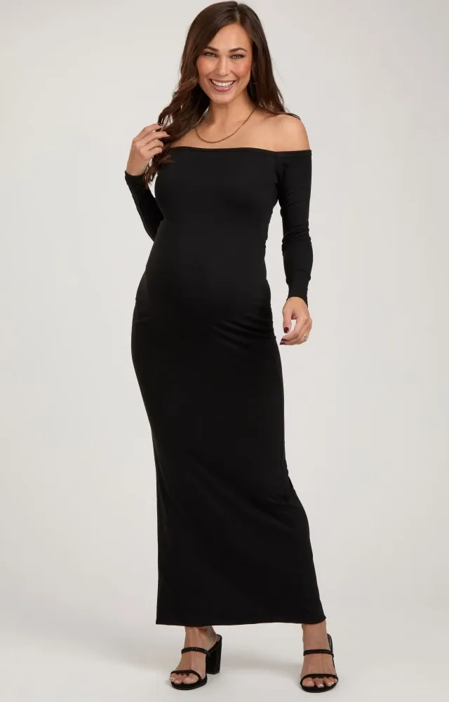 Black Off Shoulder Long Sleeve Maternity Maxi Dress