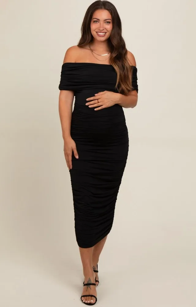 Black Off Shoulder Ruched Maternity Midi Dress