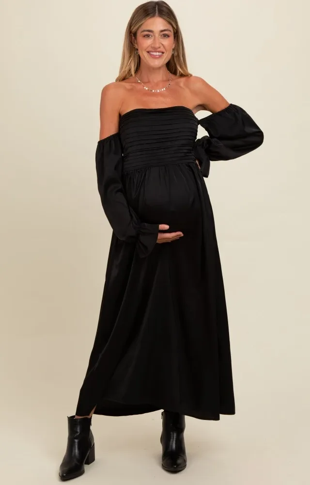 Black Off Shoulder Satin Pleated Bodice Maternity Maxi Dress